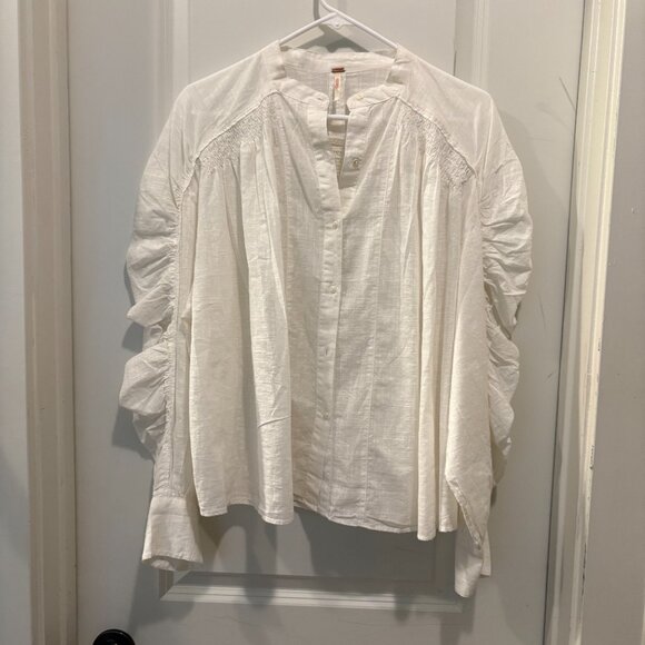 Free People "Maraya Ruched Puff-Sleeve" Cotton Blouse - Picture 4 of 9